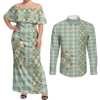 Liko Kukui Hawai'i Palaka Squares Maile Leaf Couples Matching Off Shoulder Maxi Dress and Long Sleeve Button Shirt Flowers Hawaiian Quilt Patterns LT9 Sage Green - Polynesian Pride
