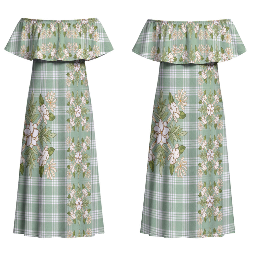 Liko Kukui Hawai'i Palaka Squares Maile Leaf Couples Matching Off Shoulder Maxi Dress and Long Sleeve Button Shirt Flowers Hawaiian Quilt Patterns LT9 - Polynesian Pride