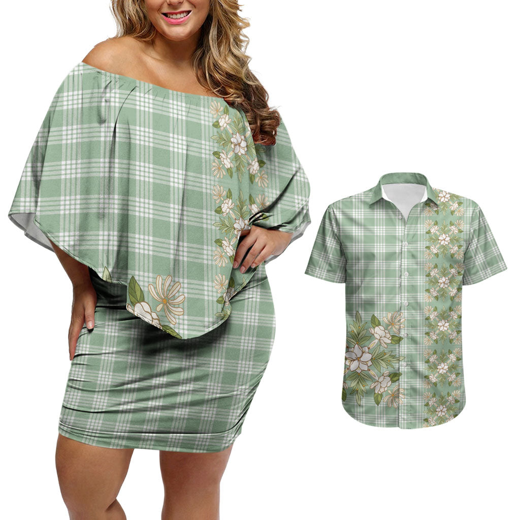 Liko Kukui Hawai'i Palaka Squares Maile Leaf Couples Matching Off Shoulder Short Dress and Hawaiian Shirt Flowers Hawaiian Quilt Patterns LT9 Sage Green - Polynesian Pride