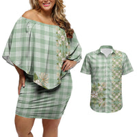 Liko Kukui Hawai'i Palaka Squares Maile Leaf Couples Matching Off Shoulder Short Dress and Hawaiian Shirt Flowers Hawaiian Quilt Patterns LT9 Sage Green - Polynesian Pride