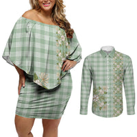 Liko Kukui Hawai'i Palaka Squares Maile Leaf Couples Matching Off Shoulder Short Dress and Long Sleeve Button Shirt Flowers Hawaiian Quilt Patterns LT9 Sage Green - Polynesian Pride