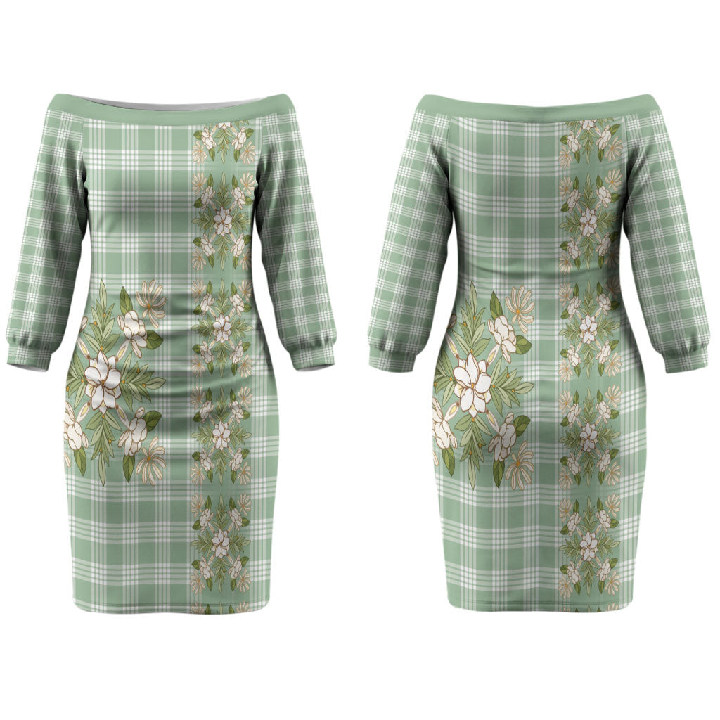 Liko Kukui Hawai'i Palaka Squares Maile Leaf Couples Matching Off The Shoulder Long Sleeve Dress and Long Sleeve Button Shirt Flowers Hawaiian Quilt Patterns LT9 - Polynesian Pride