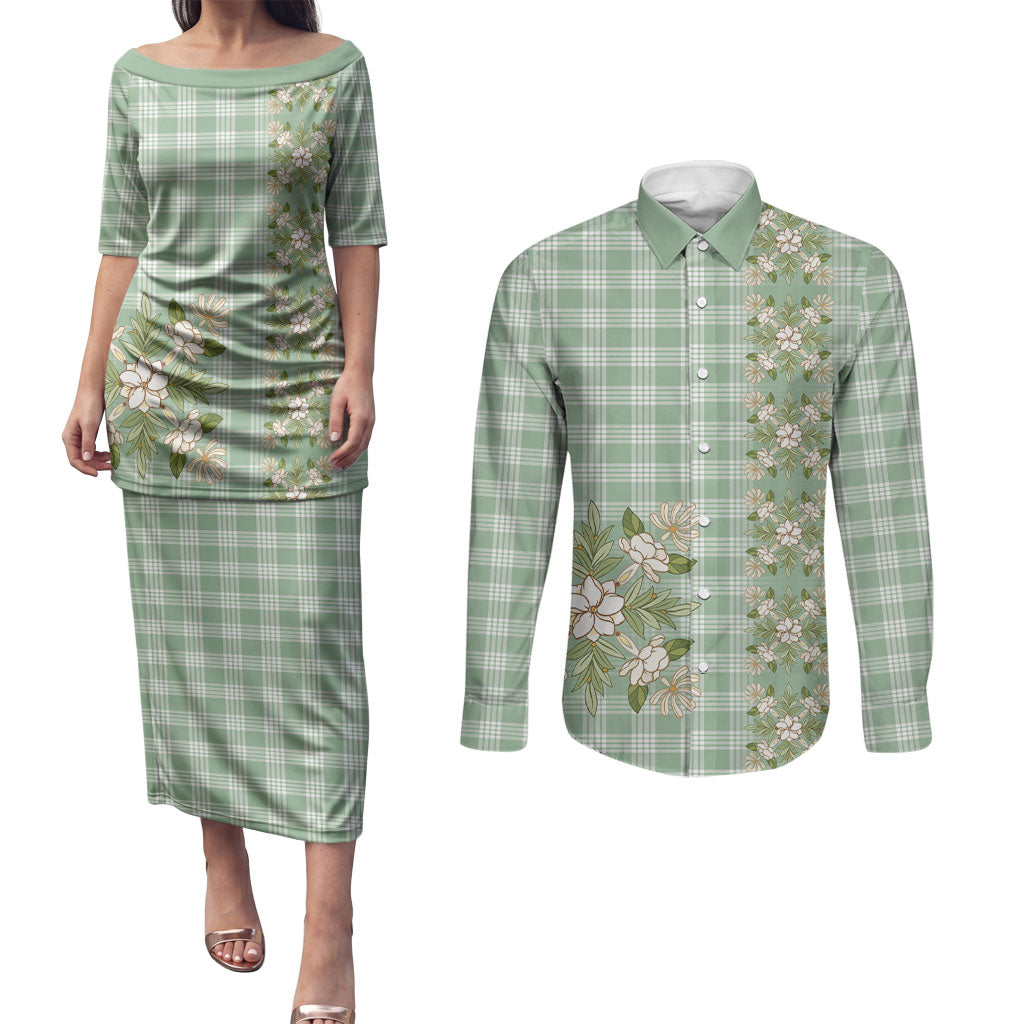 Liko Kukui Hawai'i Palaka Squares Maile Leaf Couples Matching Puletasi and Long Sleeve Button Shirt Flowers Hawaiian Quilt Patterns LT9 Sage Green - Polynesian Pride