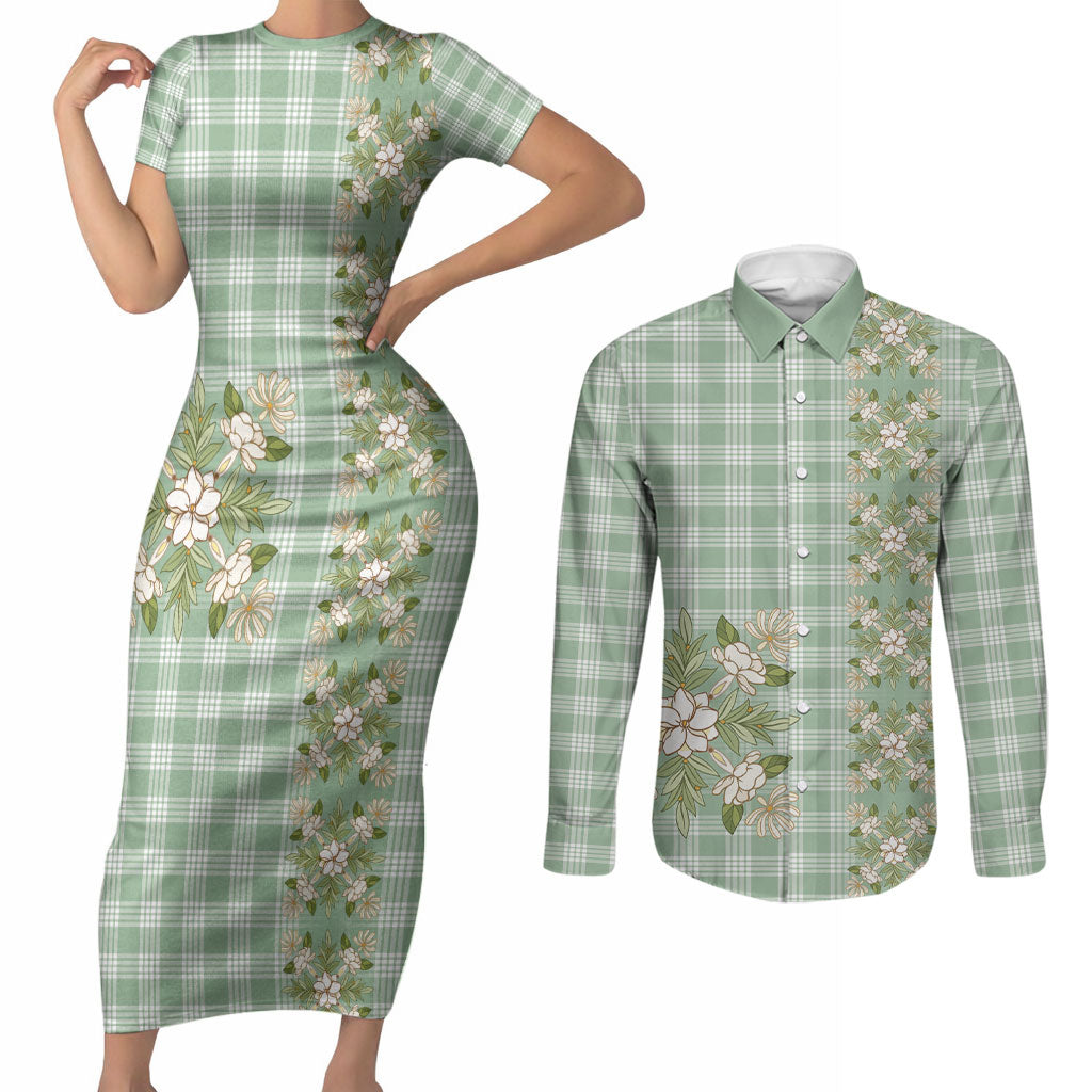 Liko Kukui Hawai'i Palaka Squares Maile Leaf Couples Matching Short Sleeve Bodycon Dress and Long Sleeve Button Shirt Flowers Hawaiian Quilt Patterns LT9 Sage Green - Polynesian Pride