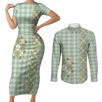 Liko Kukui Hawai'i Palaka Squares Maile Leaf Couples Matching Short Sleeve Bodycon Dress and Long Sleeve Button Shirt Flowers Hawaiian Quilt Patterns LT9 Sage Green - Polynesian Pride