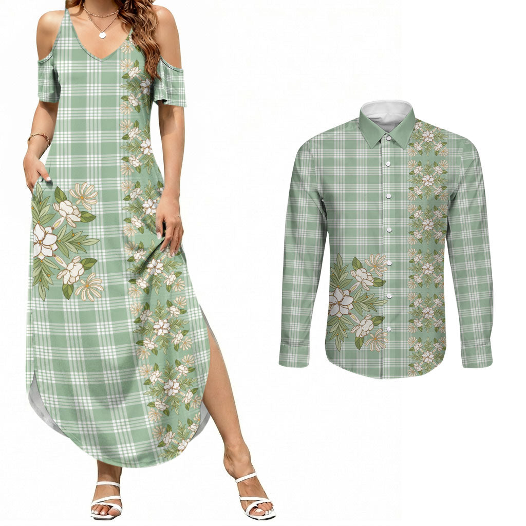 Liko Kukui Hawai'i Palaka Squares Maile Leaf Couples Matching Summer Maxi Dress and Long Sleeve Button Shirt Flowers Hawaiian Quilt Patterns LT9 Sage Green - Polynesian Pride