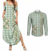 Liko Kukui Hawai'i Palaka Squares Maile Leaf Couples Matching Summer Maxi Dress and Long Sleeve Button Shirt Flowers Hawaiian Quilt Patterns LT9 Sage Green - Polynesian Pride