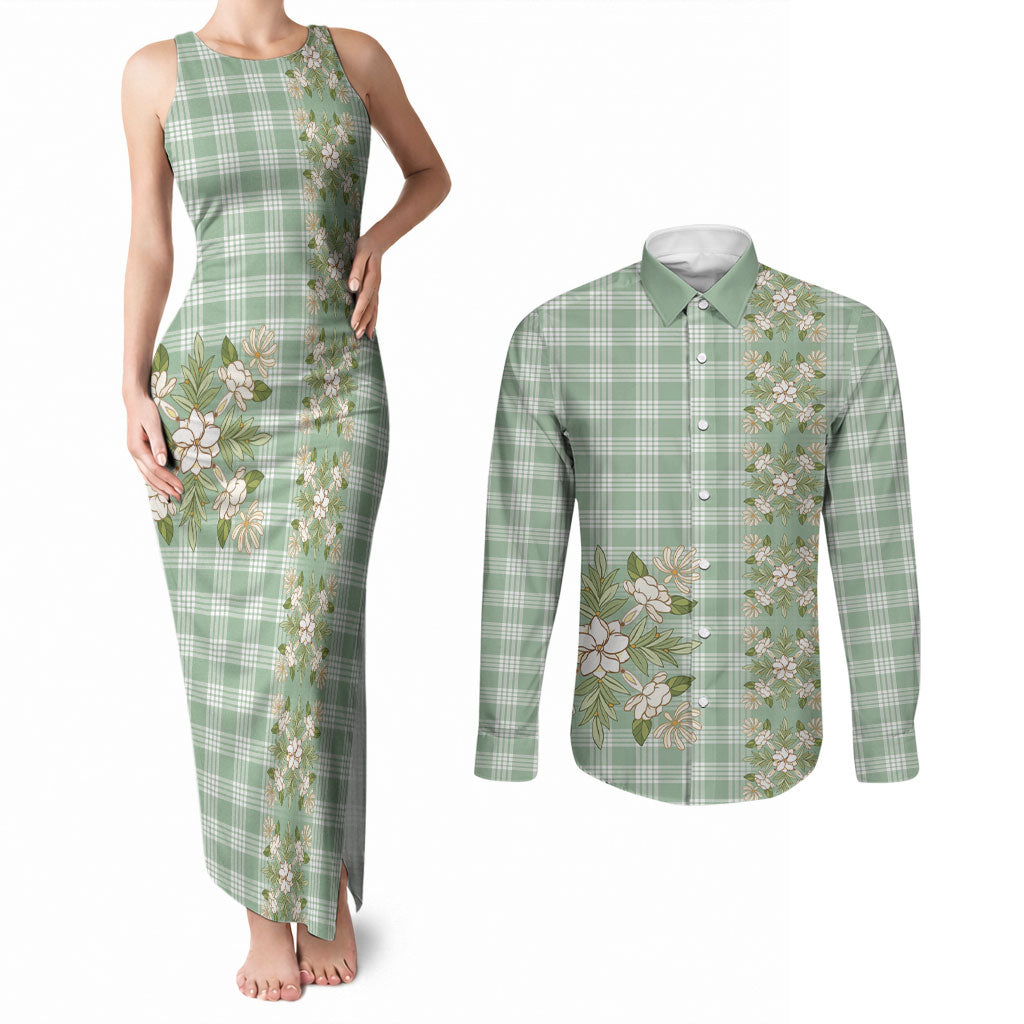 Liko Kukui Hawai'i Palaka Squares Maile Leaf Couples Matching Tank Maxi Dress and Long Sleeve Button Shirt Flowers Hawaiian Quilt Patterns LT9 Sage Green - Polynesian Pride