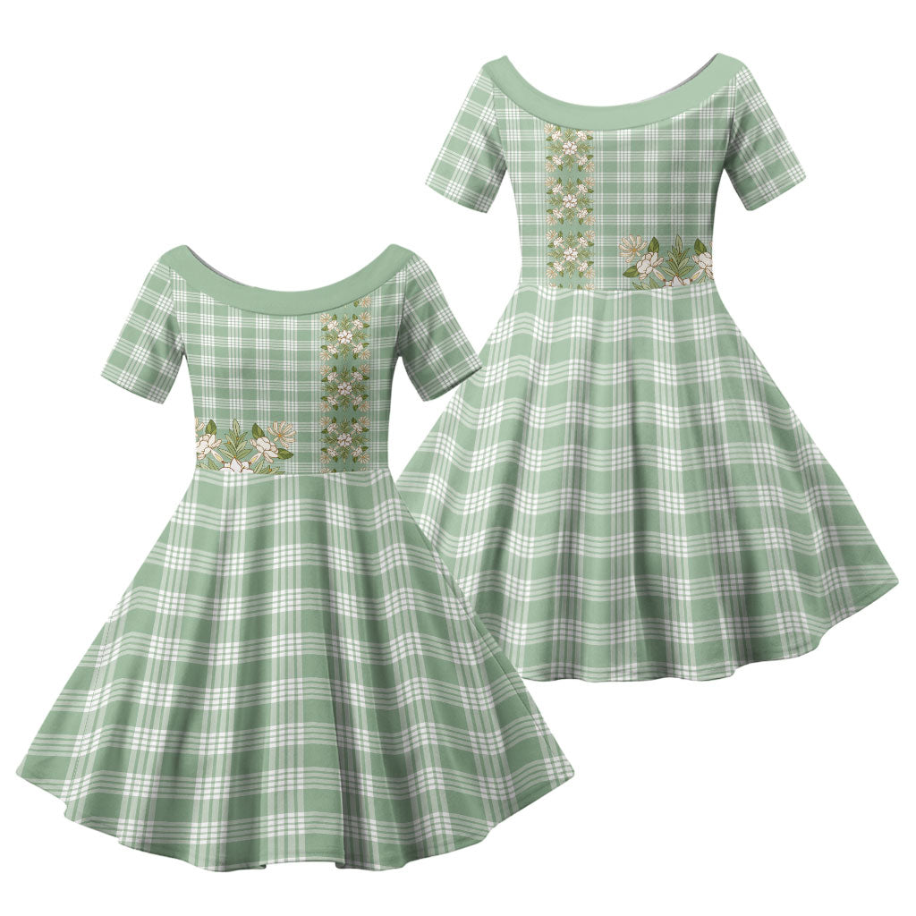 Liko Kukui Hawai'i Palaka Squares Maile Leaf Family Matching Long Sleeve Bodycon Dress and Hawaiian Shirt Flowers Hawaiian Quilt Patterns LT9 Daughter's Dress Sage Green - Polynesian Pride