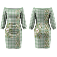 Liko Kukui Hawai'i Palaka Squares Maile Leaf Family Matching Off The Shoulder Long Sleeve Dress and Hawaiian Shirt Flowers Hawaiian Quilt Patterns LT9 Mom's Dress Sage Green - Polynesian Pride