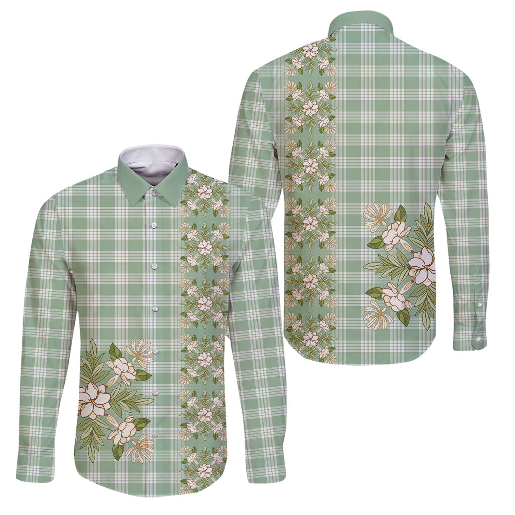 Liko Kukui Hawai'i Palaka Squares Maile Leaf Family Matching Off The Shoulder Long Sleeve Dress and Hawaiian Shirt Flowers Hawaiian Quilt Patterns LT9 Dad's Shirt - Long Sleeve Sage Green - Polynesian Pride