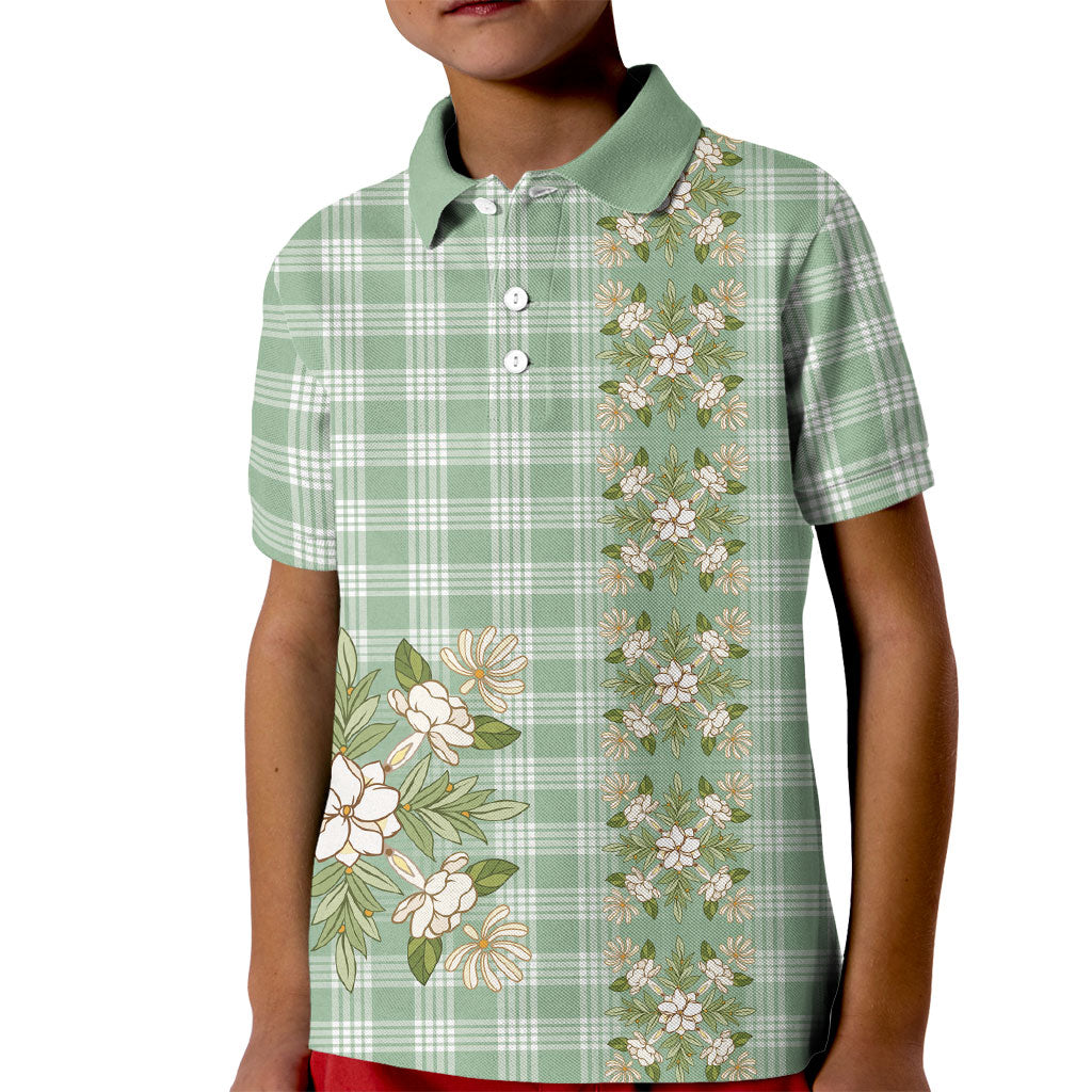 Liko Kukui Hawai'i Palaka Squares Maile Leaf Kid Polo Shirt Flowers Hawaiian Quilt Patterns LT9 Kid Sage Green - Polynesian Pride
