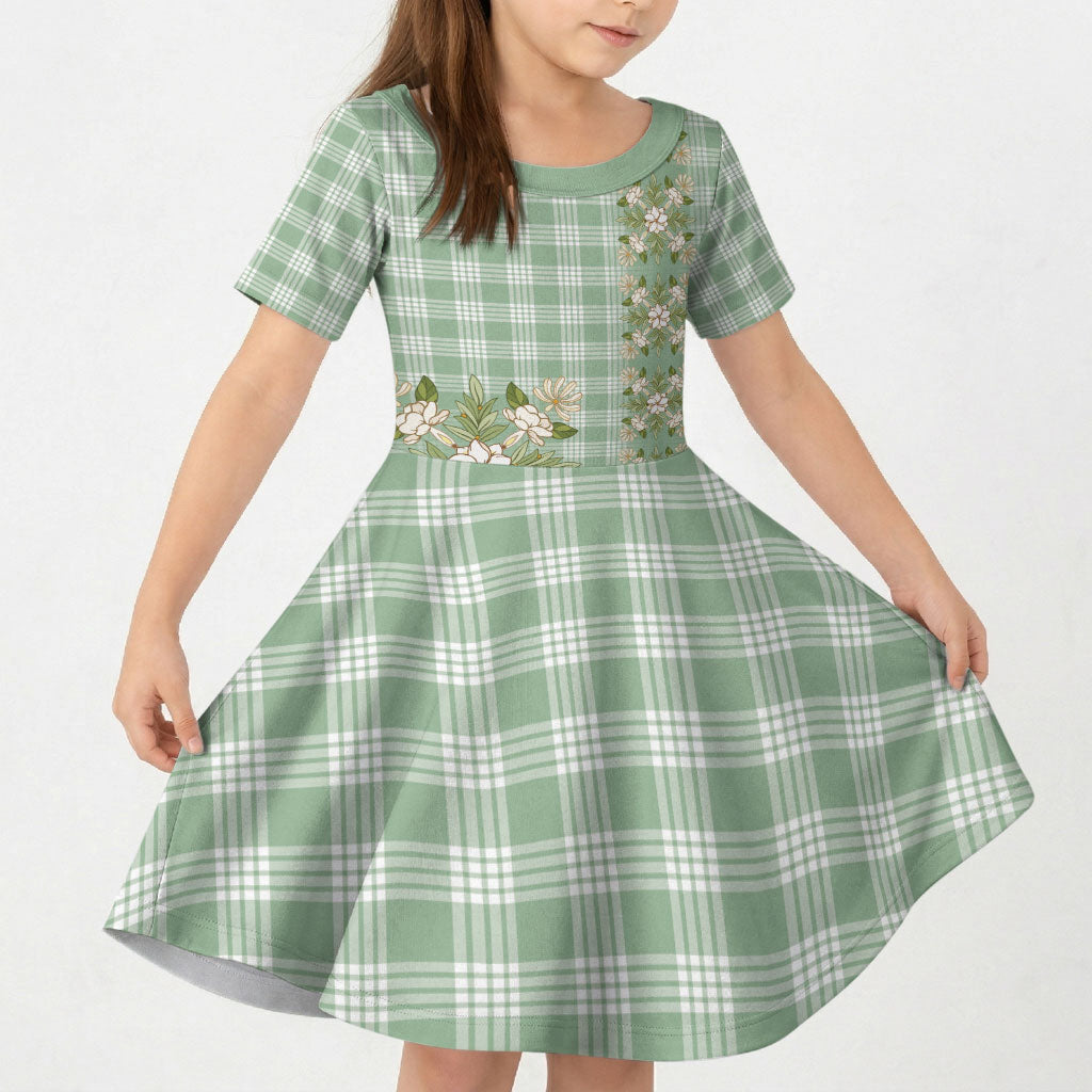 Liko Kukui Hawai'i Palaka Squares Maile Leaf Kid Short Sleeve Dress Flowers Hawaiian Quilt Patterns LT9 KID Sage Green - Polynesian Pride