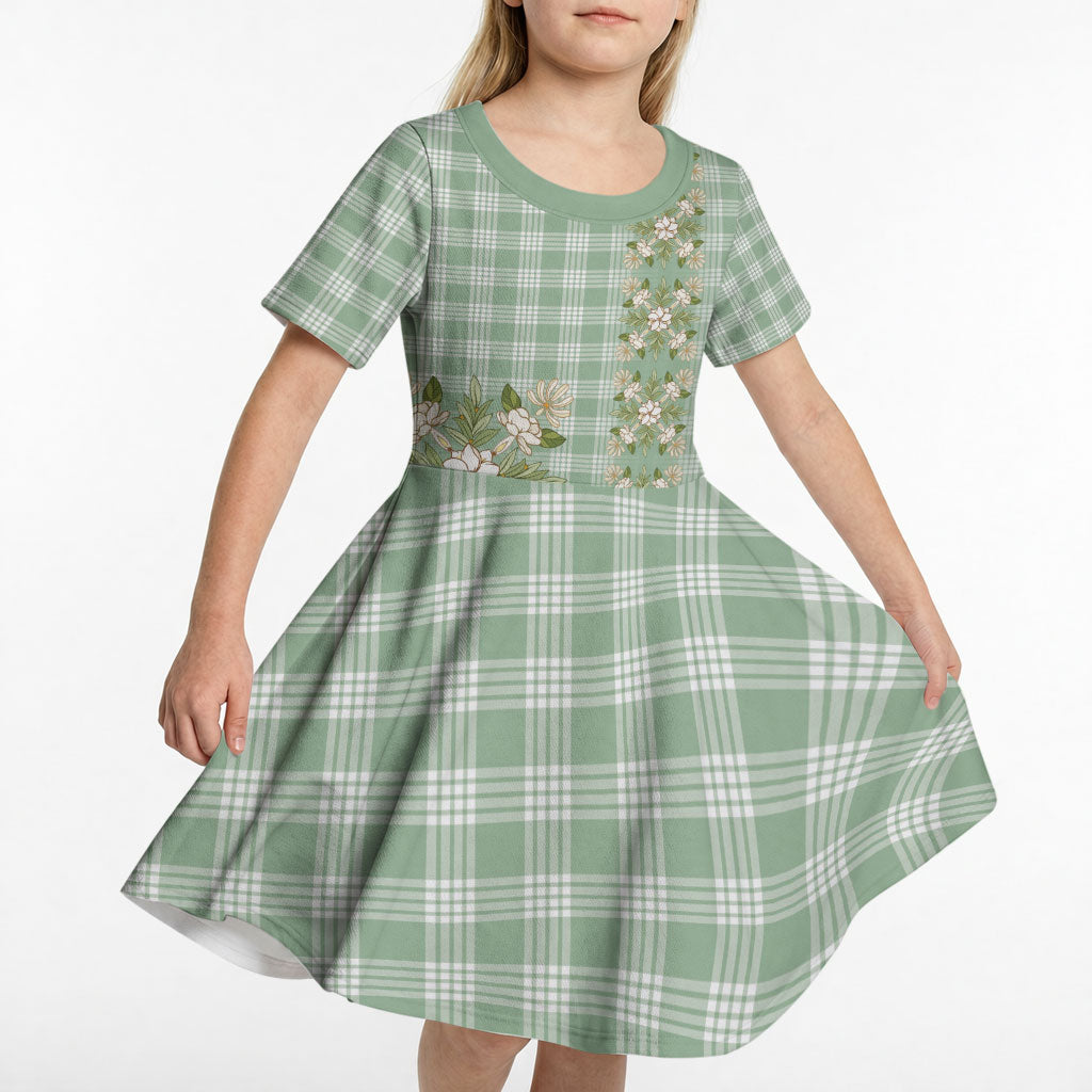 Liko Kukui Hawai'i Palaka Squares Maile Leaf Kid Short Sleeve Dress Flowers Hawaiian Quilt Patterns LT9 - Polynesian Pride
