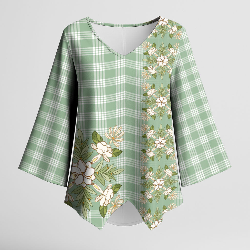 Liko Kukui Hawai'i Palaka Squares Maile Leaf Kimono Sleeve Blouse Flowers Hawaiian Quilt Patterns LT9 Female Sage Green - Polynesian Pride