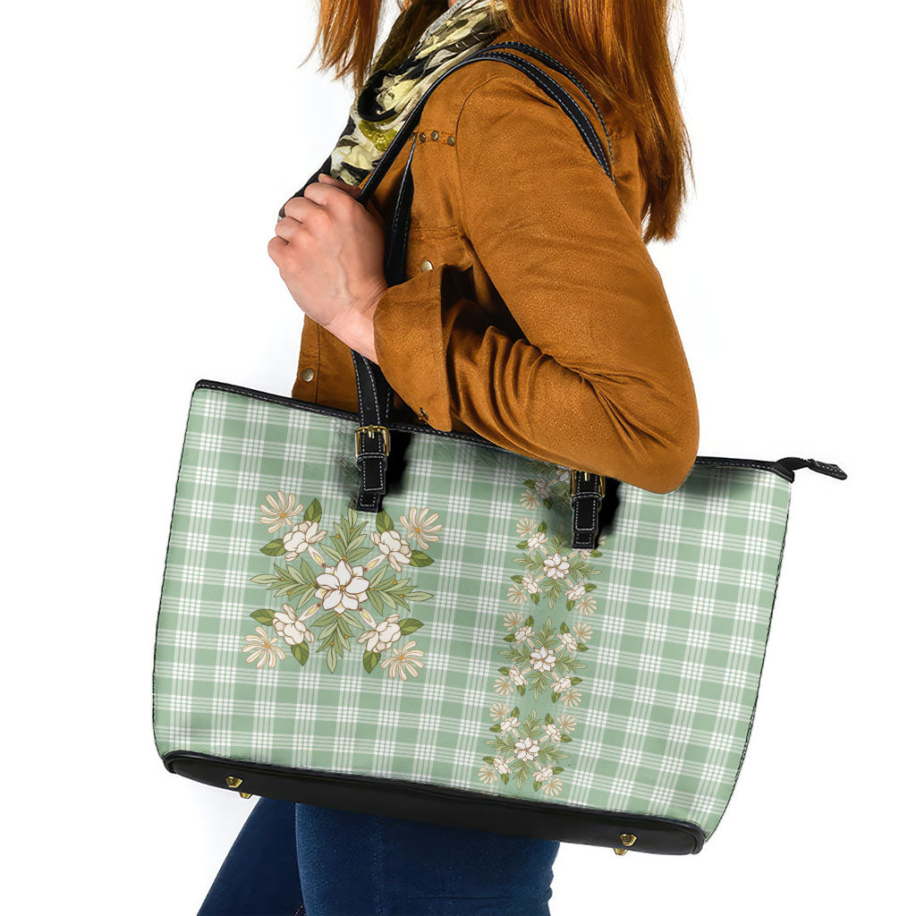 Liko Kukui Hawai'i Palaka Squares Maile Leaf Leather Tote Bag Flowers Hawaiian Quilt Patterns LT9 Sage Green - Polynesian Pride
