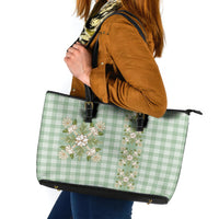 Liko Kukui Hawai'i Palaka Squares Maile Leaf Leather Tote Bag Flowers Hawaiian Quilt Patterns LT9 Sage Green - Polynesian Pride