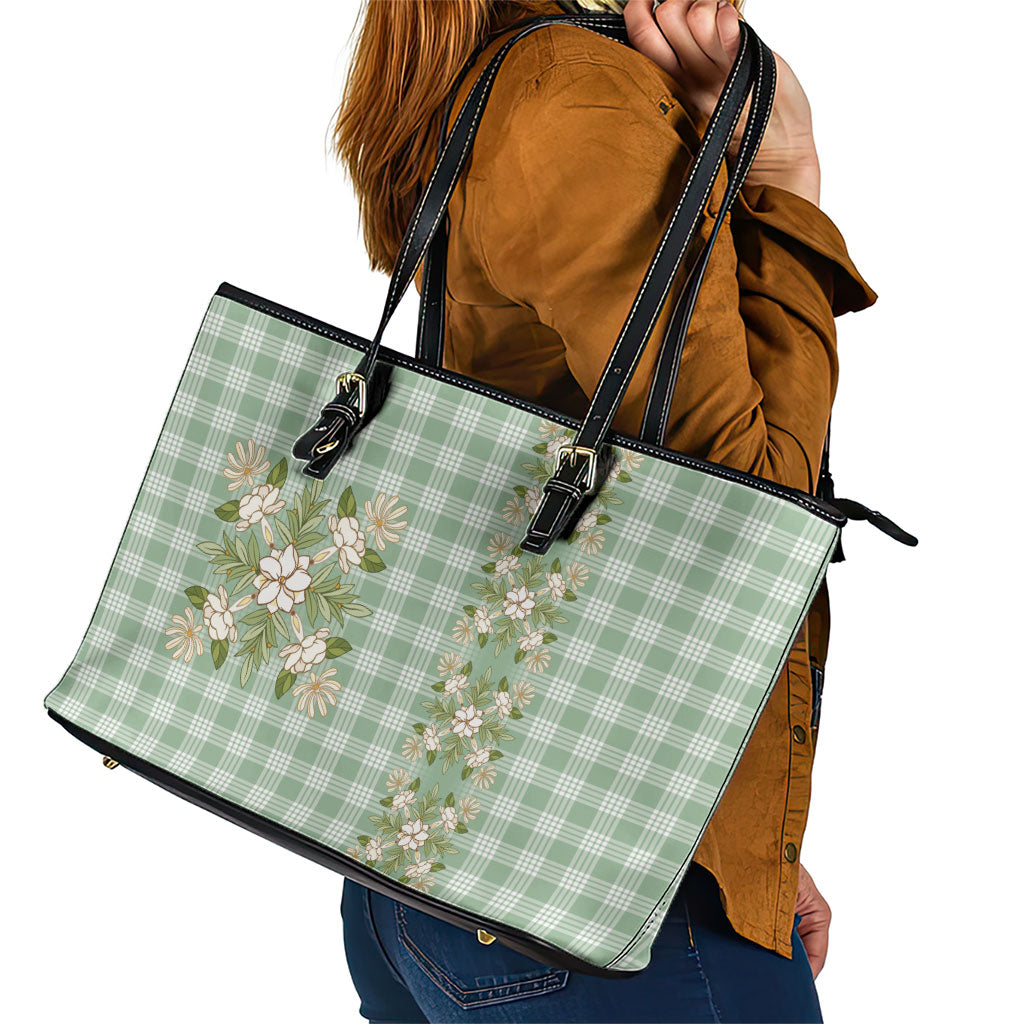 Liko Kukui Hawai'i Palaka Squares Maile Leaf Leather Tote Bag Flowers Hawaiian Quilt Patterns LT9 - Polynesian Pride