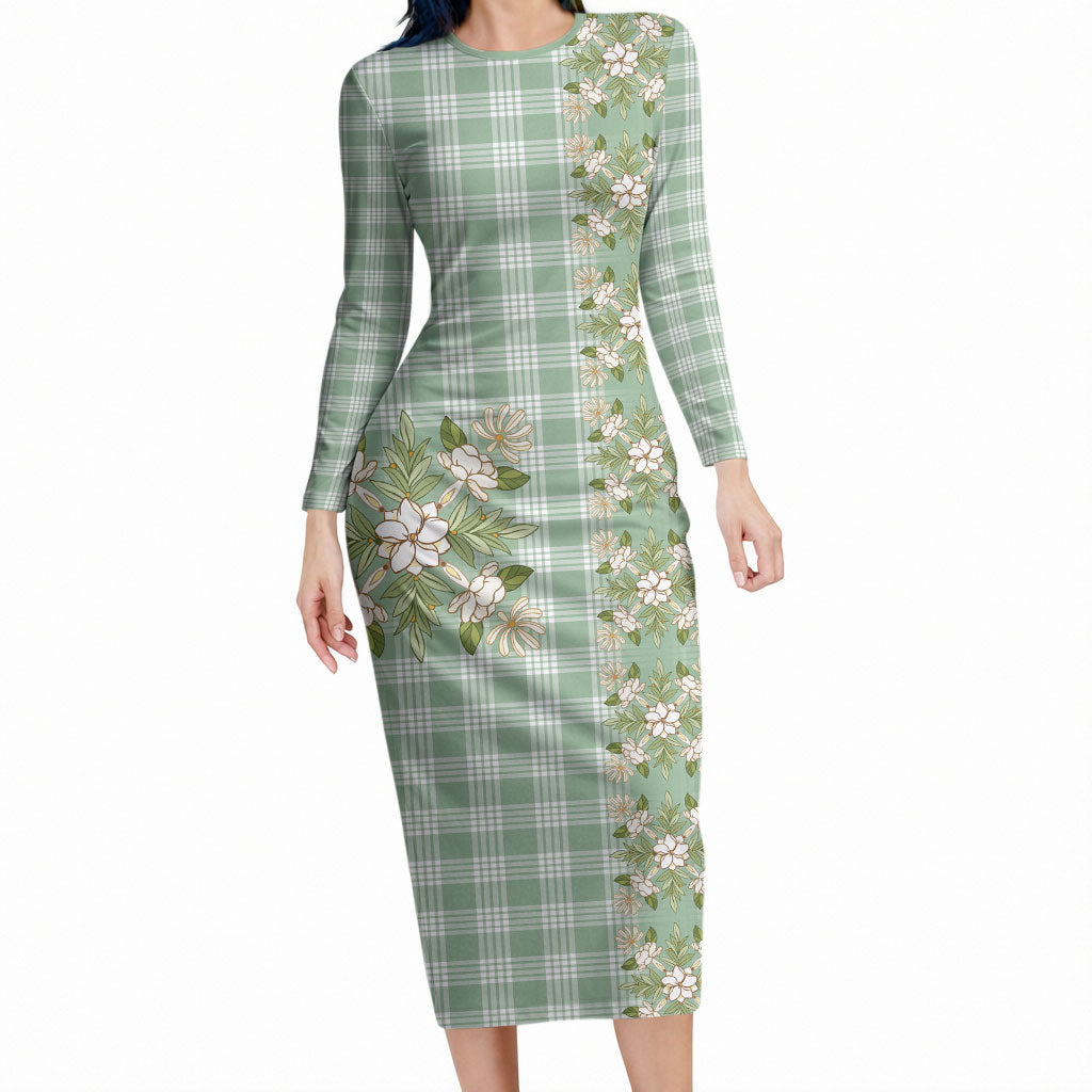 Liko Kukui Hawai'i Palaka Squares Maile Leaf Long Sleeve Bodycon Dress Flowers Hawaiian Quilt Patterns LT9 Long Dress Sage Green - Polynesian Pride
