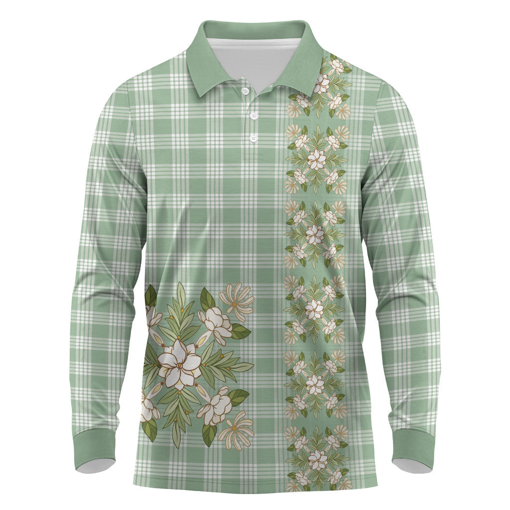 Liko Kukui Hawai'i Palaka Squares Maile Leaf Long Sleeve Polo Shirt Flowers Hawaiian Quilt Patterns LT9 Sage Green - Polynesian Pride