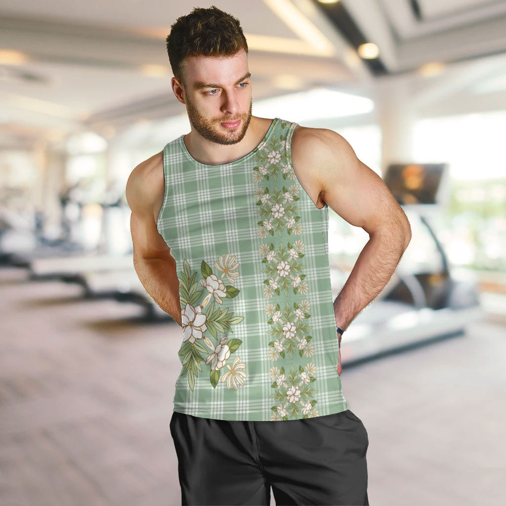 Liko Kukui Hawai'i Palaka Squares Maile Leaf Men Tank Top Flowers Hawaiian Quilt Patterns LT9 Sage Green - Polynesian Pride