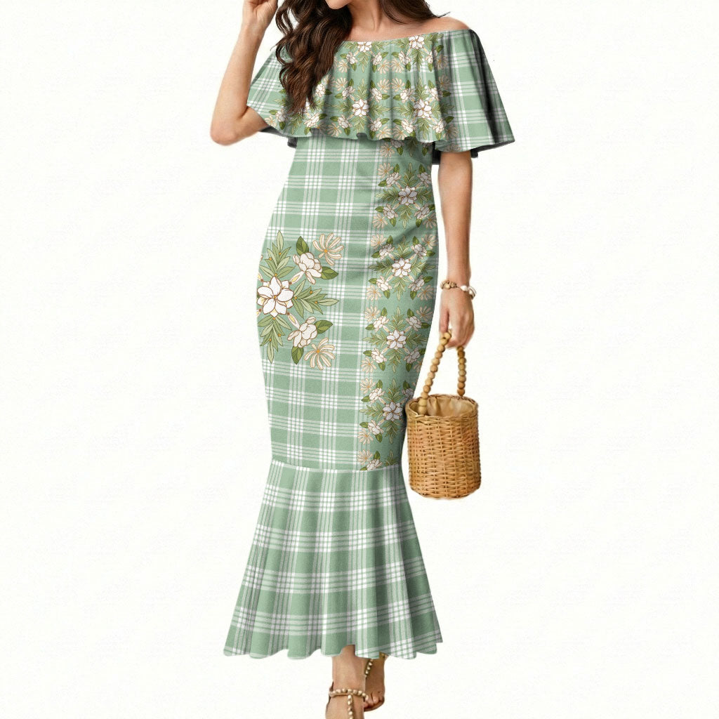 Liko Kukui Hawai'i Palaka Squares Maile Leaf Mermaid Dress Flowers Hawaiian Quilt Patterns LT9 Women Sage Green - Polynesian Pride