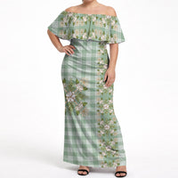 Liko Kukui Hawai'i Palaka Squares Maile Leaf Off Shoulder Maxi Dress Flowers Hawaiian Quilt Patterns LT9 Women Sage Green - Polynesian Pride