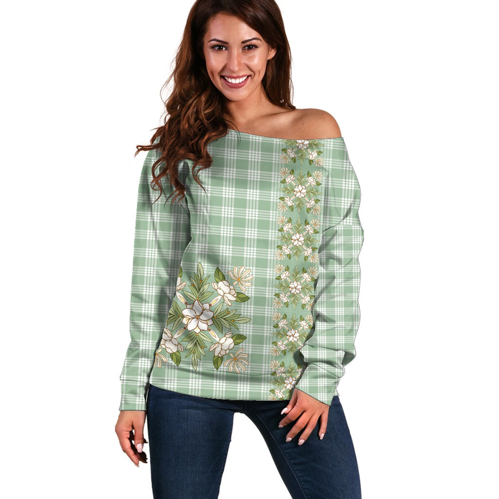 Liko Kukui Hawai'i Palaka Squares Maile Leaf Off Shoulder Sweater Flowers Hawaiian Quilt Patterns LT9 Women Sage Green - Polynesian Pride