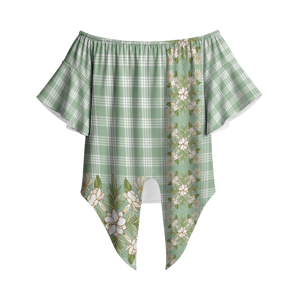 Liko Kukui Hawai'i Palaka Squares Maile Leaf Off Shoulder Wrap Waist Top Flowers Hawaiian Quilt Patterns LT9 Sage Green - Polynesian Pride