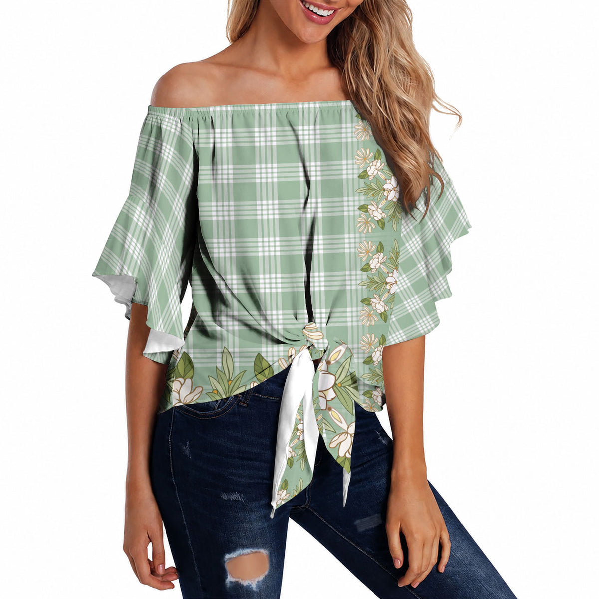 Liko Kukui Hawai'i Palaka Squares Maile Leaf Off Shoulder Wrap Waist Top Flowers Hawaiian Quilt Patterns LT9 - Polynesian Pride