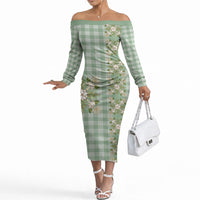 Liko Kukui Hawai'i Palaka Squares Maile Leaf Off The Shoulder Long Sleeve Dress Flowers Hawaiian Quilt Patterns LT9 Women Sage Green - Polynesian Pride