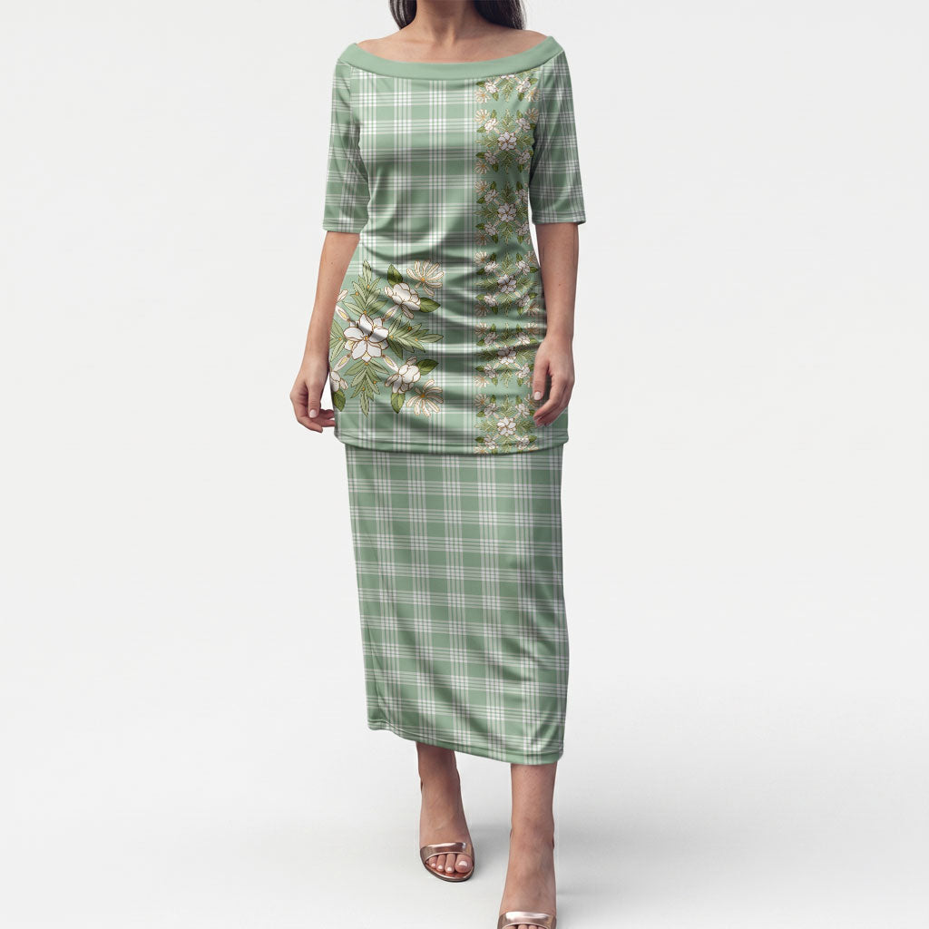 Liko Kukui Hawai'i Palaka Squares Maile Leaf Puletasi Flowers Hawaiian Quilt Patterns LT9 Long Dress Sage Green - Polynesian Pride