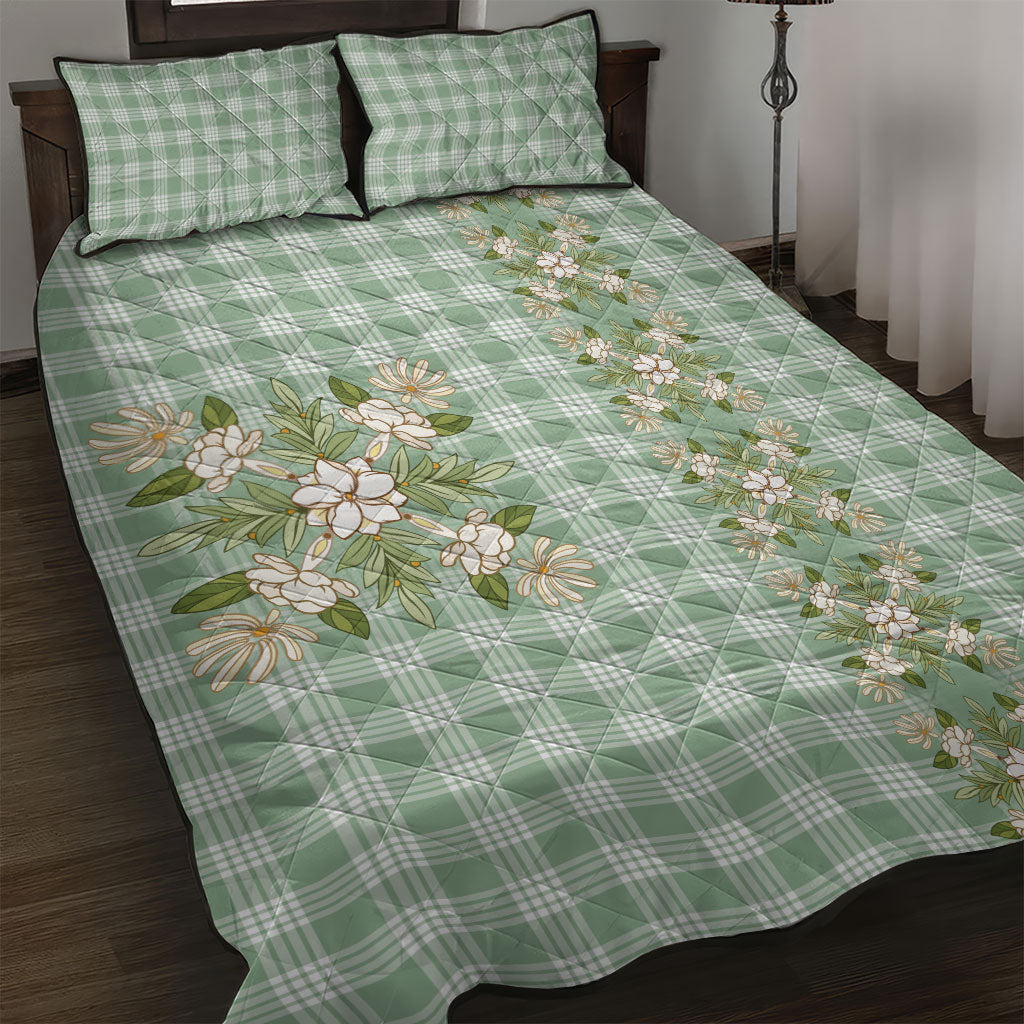 Liko Kukui Hawai'i Palaka Squares Maile Leaf Quilt Bed Set Flowers Hawaiian Quilt Patterns LT9 Sage Green - Polynesian Pride