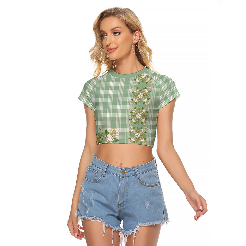 Liko Kukui Hawai'i Palaka Squares Maile Leaf Raglan Cropped T Shirt Flowers Hawaiian Quilt Patterns LT9 Female Sage Green - Polynesian Pride