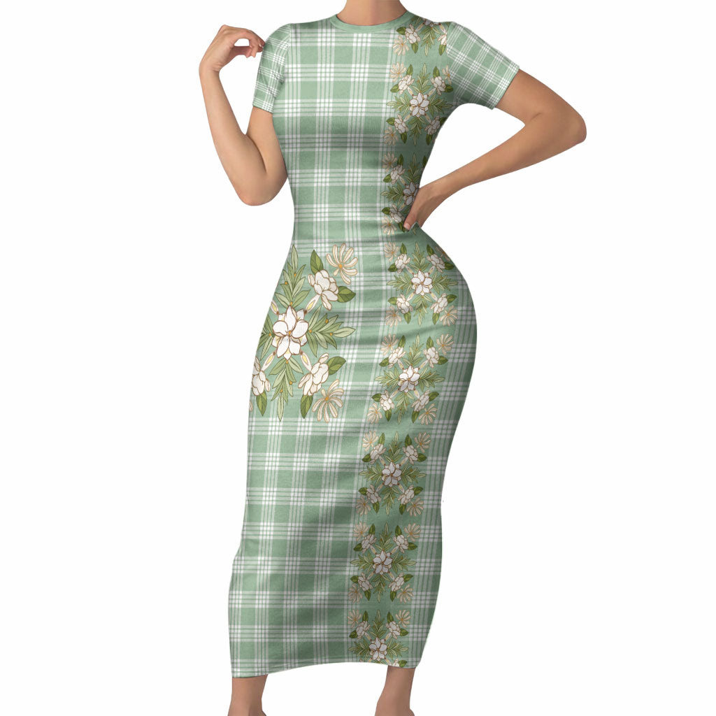 Liko Kukui Hawai'i Palaka Squares Maile Leaf Short Sleeve Bodycon Dress Flowers Hawaiian Quilt Patterns LT9 Long Dress Sage Green - Polynesian Pride