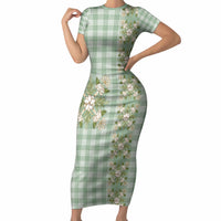 Liko Kukui Hawai'i Palaka Squares Maile Leaf Short Sleeve Bodycon Dress Flowers Hawaiian Quilt Patterns LT9 Long Dress Sage Green - Polynesian Pride