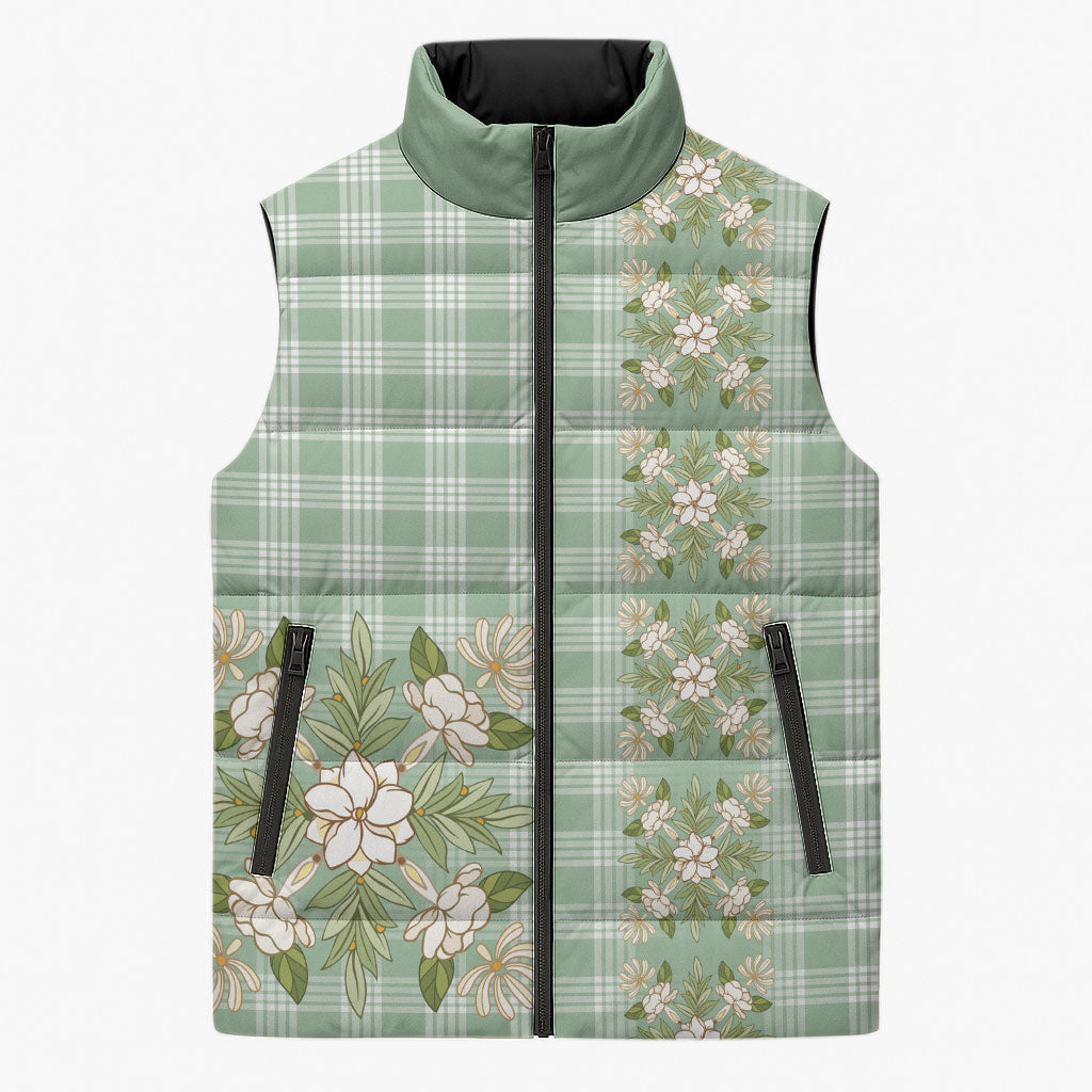 Liko Kukui Hawai'i Palaka Squares Maile Leaf Sleeveless Puffer Jacket Flowers Hawaiian Quilt Patterns LT9 Unisex Sage Green - Polynesian Pride