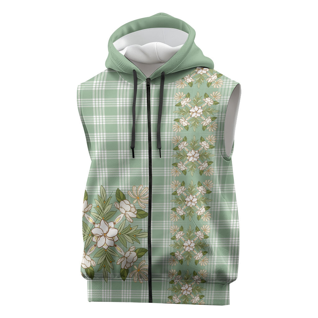 Liko Kukui Hawai'i Palaka Squares Maile Leaf Sleeveless Zip Hoodie Flowers Hawaiian Quilt Patterns LT9 Sage Green - Polynesian Pride