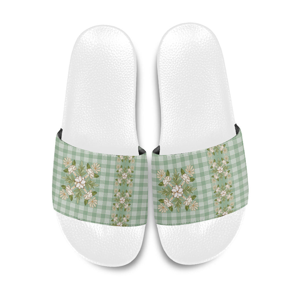 Liko Kukui Hawai'i Palaka Squares Maile Leaf Slide Sandals Flowers Hawaiian Quilt Patterns LT9 Sage Green - Polynesian Pride
