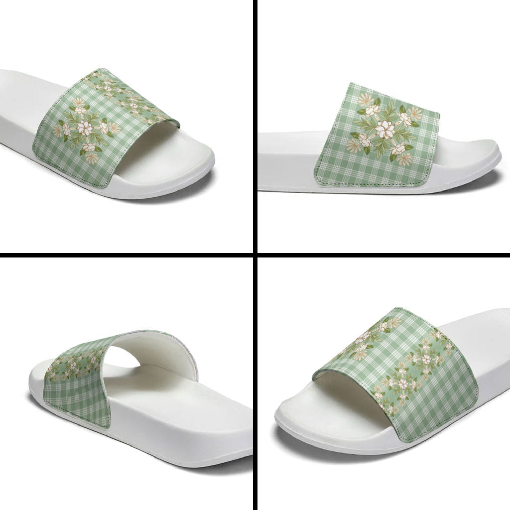 Liko Kukui Hawai'i Palaka Squares Maile Leaf Slide Sandals Flowers Hawaiian Quilt Patterns LT9 - Polynesian Pride