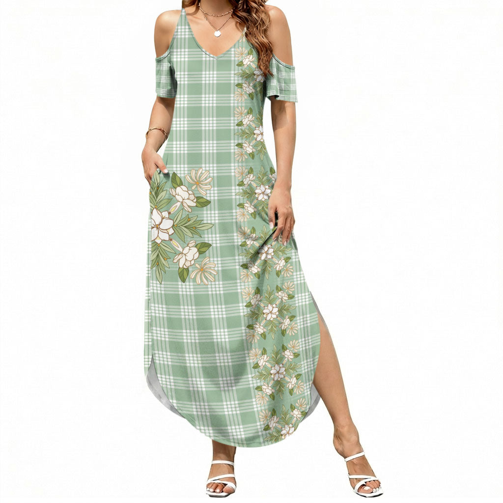 Liko Kukui Hawai'i Palaka Squares Maile Leaf Summer Maxi Dress Flowers Hawaiian Quilt Patterns LT9 Women Sage Green - Polynesian Pride