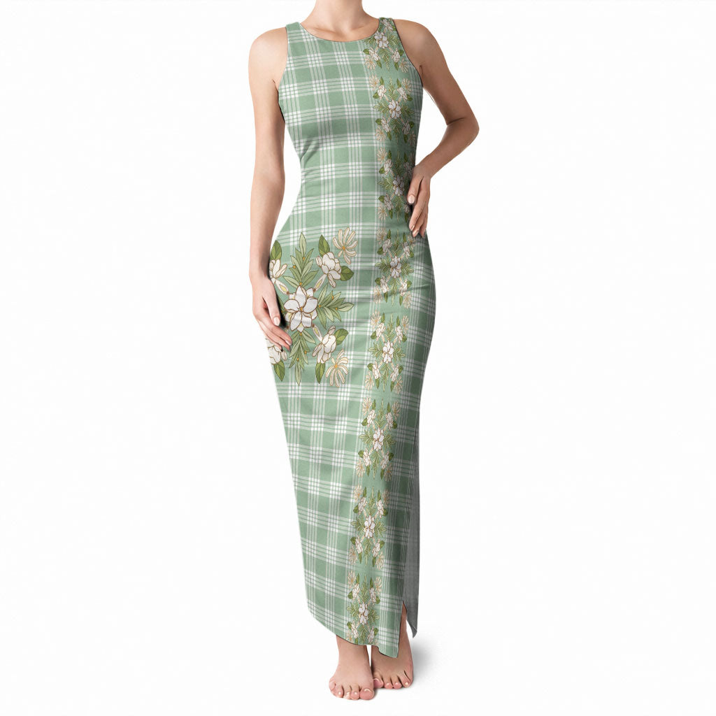 Liko Kukui Hawai'i Palaka Squares Maile Leaf Tank Maxi Dress Flowers Hawaiian Quilt Patterns LT9 Women Sage Green - Polynesian Pride
