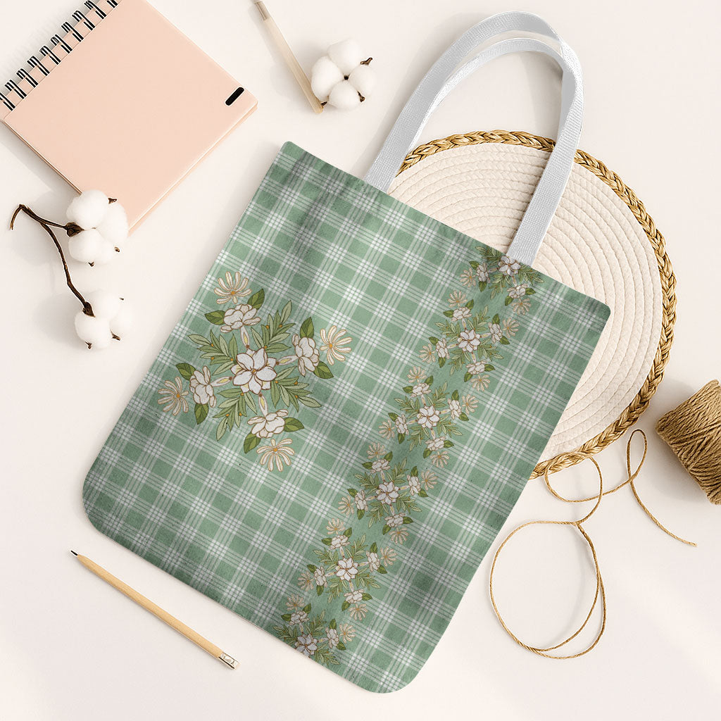 Liko Kukui Hawai'i Palaka Squares Maile Leaf Tote Bag Flowers Hawaiian Quilt Patterns LT9 White Strap One Size Sage Green - Polynesian Pride