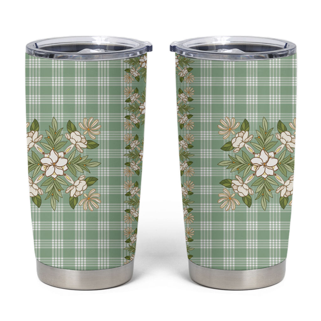 Liko Kukui Hawai'i Palaka Squares Maile Leaf Tumbler Cup Flowers Hawaiian Quilt Patterns LT9 Sage Green - Polynesian Pride