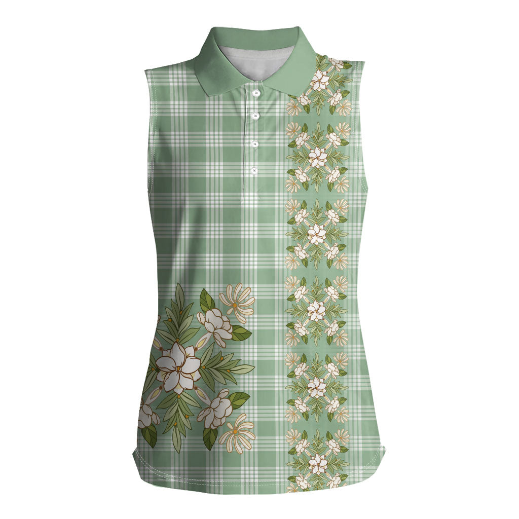 Liko Kukui Hawai'i Palaka Squares Maile Leaf Women Sleeveless Polo Shirt Flowers Hawaiian Quilt Patterns LT9 Female Sage Green - Polynesian Pride