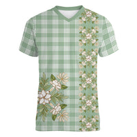 Liko Kukui Hawai'i Palaka Squares Maile Leaf Women V-Neck T-Shirt Flowers Hawaiian Quilt Patterns LT9 Female Sage Green - Polynesian Pride