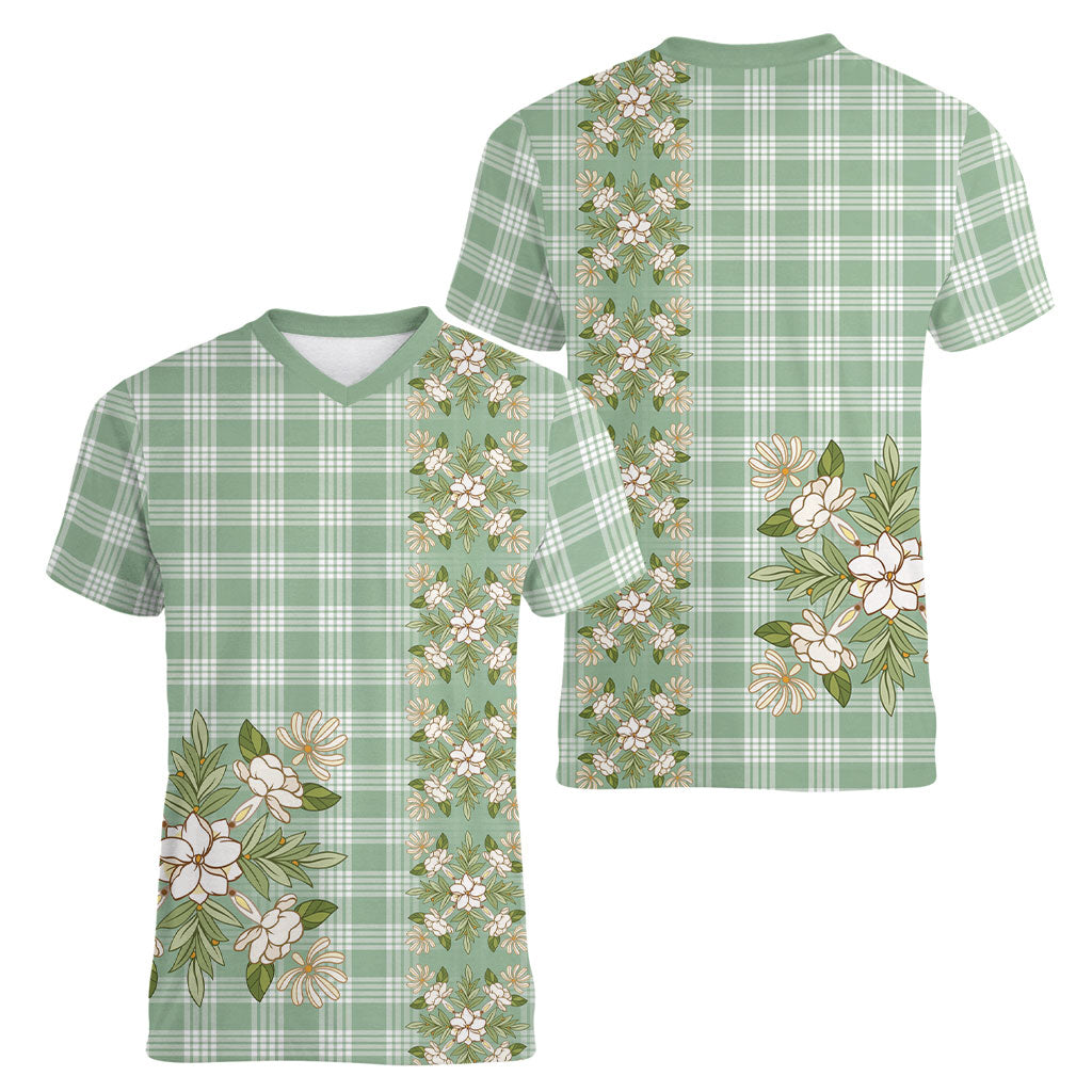 Liko Kukui Hawai'i Palaka Squares Maile Leaf Women V-Neck T-Shirt Flowers Hawaiian Quilt Patterns LT9 - Polynesian Pride