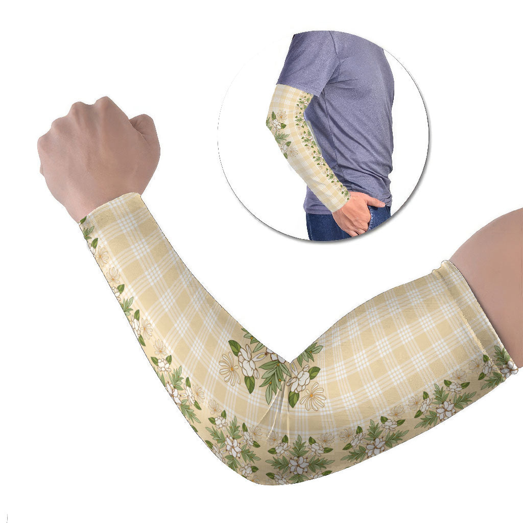 Melemele Ahiahia Hawai'i Palaka Squares Maile Leaf Arm Sleeves Flowers Hawaiian Quilt Patterns LT9 Set of 2 Pastel Yellow - Polynesian Pride