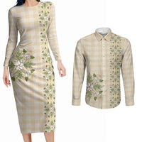 Melemele Ahiahia Hawai'i Palaka Squares Maile Leaf Couples Matching Long Sleeve Bodycon Dress and Long Sleeve Button Shirt Flowers Hawaiian Quilt Patterns LT9 Pastel Yellow - Polynesian Pride
