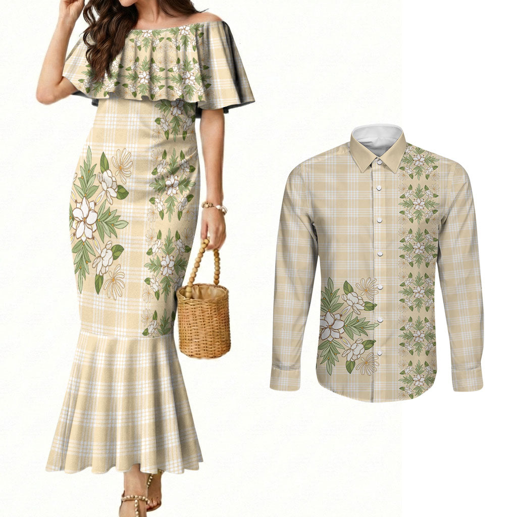 Melemele Ahiahia Hawai'i Palaka Squares Maile Leaf Couples Matching Mermaid Dress and Long Sleeve Button Shirt Flowers Hawaiian Quilt Patterns LT9 Pastel Yellow - Polynesian Pride